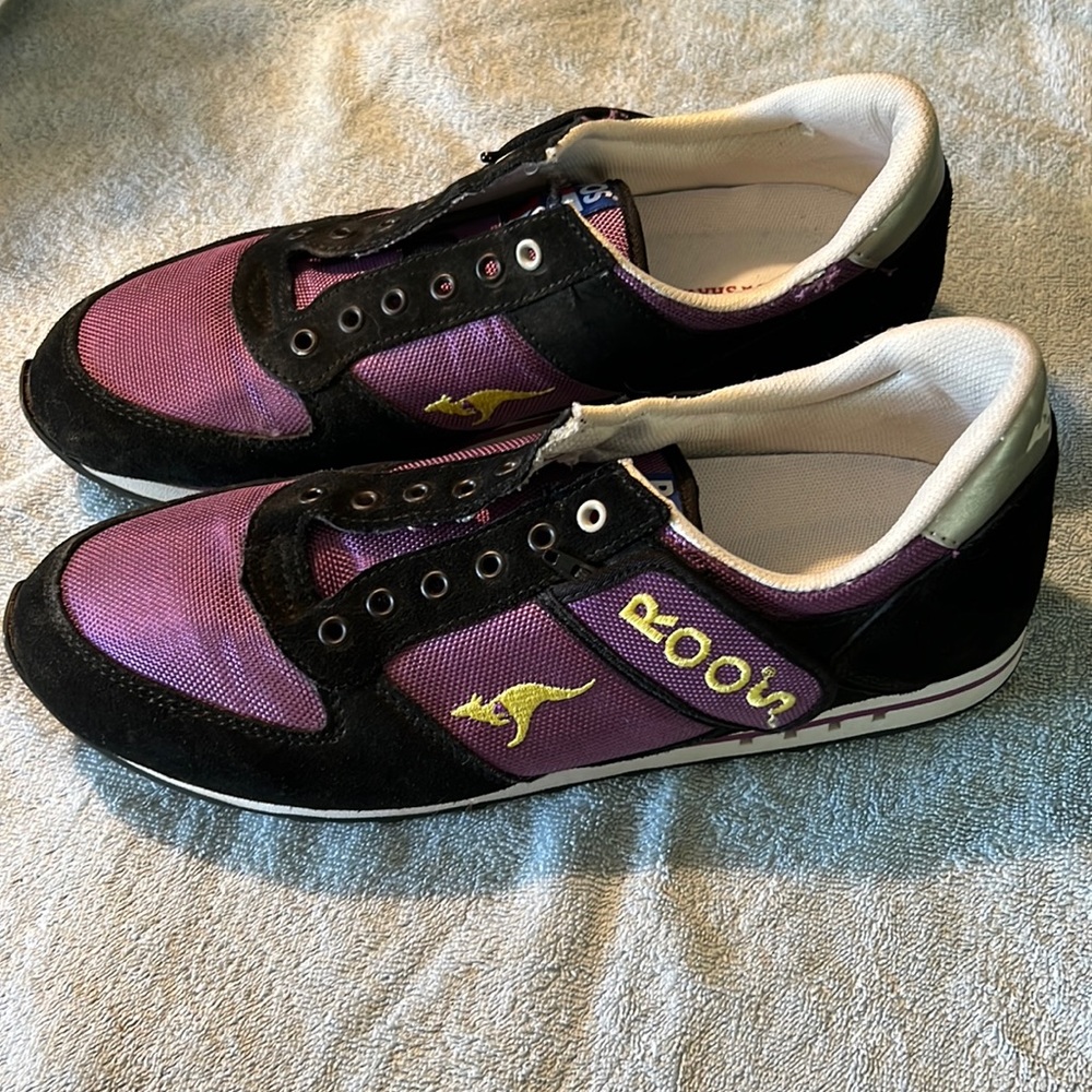 One of a kind ROOS. Purple/black & bright green. HIDDEN POCKETS No laces.
